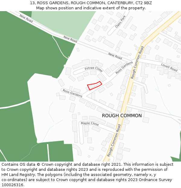 13, ROSS GARDENS, ROUGH COMMON, CANTERBURY, CT2 9BZ: Location map and indicative extent of plot