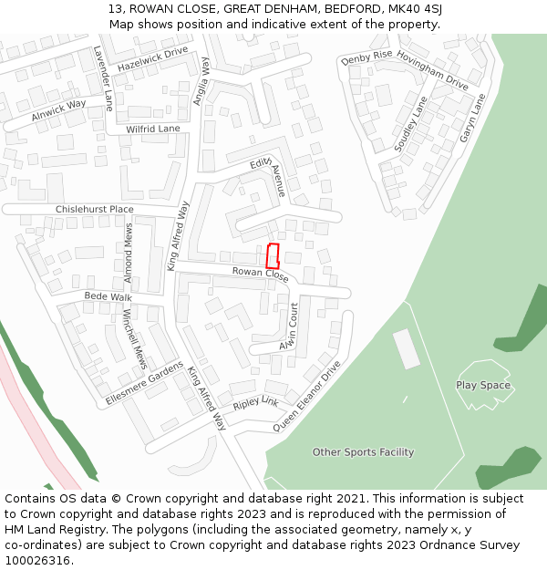 13, ROWAN CLOSE, GREAT DENHAM, BEDFORD, MK40 4SJ: Location map and indicative extent of plot