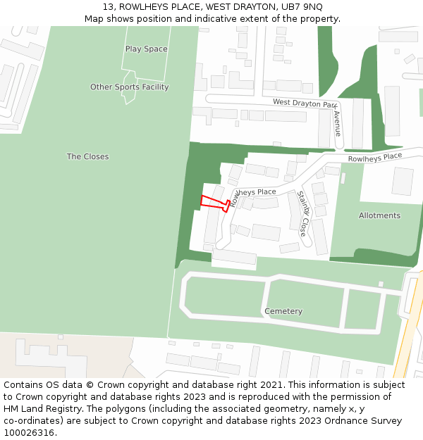 13, ROWLHEYS PLACE, WEST DRAYTON, UB7 9NQ: Location map and indicative extent of plot
