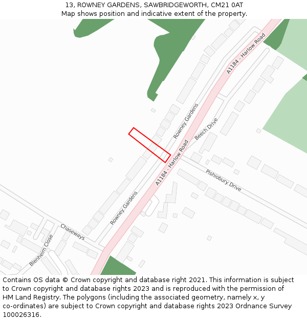 13, ROWNEY GARDENS, SAWBRIDGEWORTH, CM21 0AT: Location map and indicative extent of plot