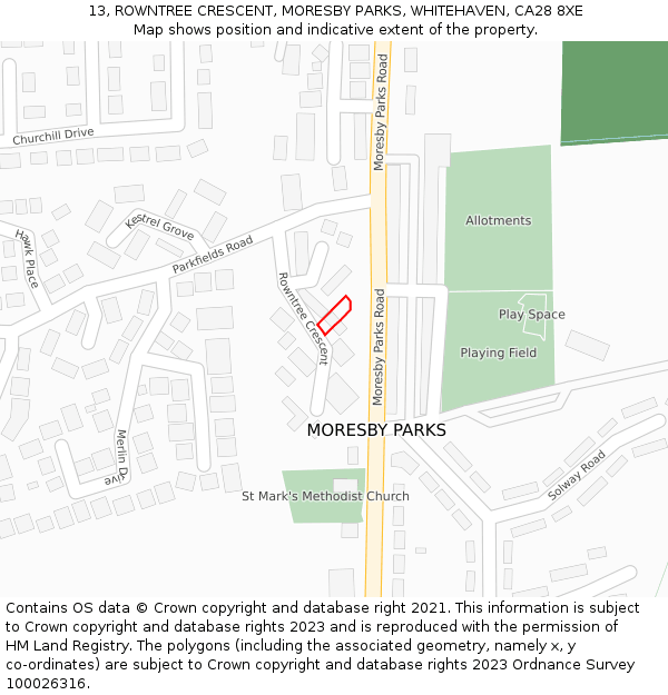 13, ROWNTREE CRESCENT, MORESBY PARKS, WHITEHAVEN, CA28 8XE: Location map and indicative extent of plot