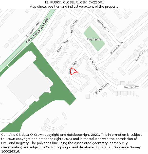 13, RUSKIN CLOSE, RUGBY, CV22 5RU: Location map and indicative extent of plot