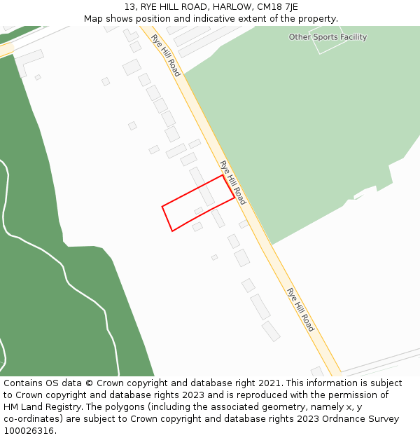 13, RYE HILL ROAD, HARLOW, CM18 7JE: Location map and indicative extent of plot