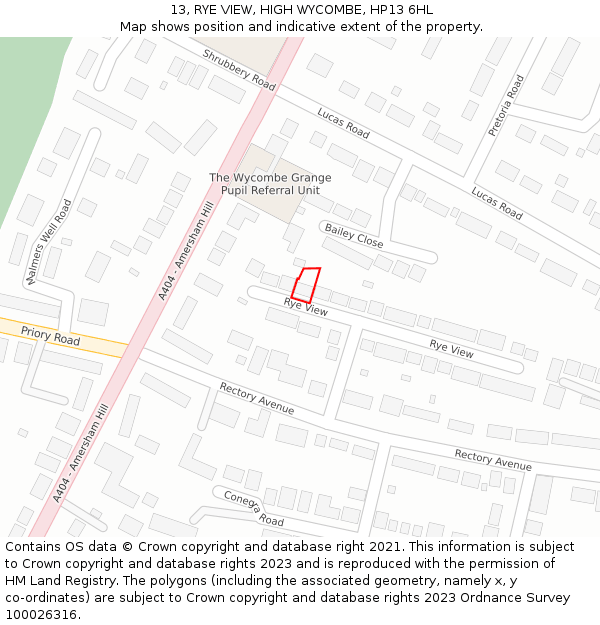 13, RYE VIEW, HIGH WYCOMBE, HP13 6HL: Location map and indicative extent of plot