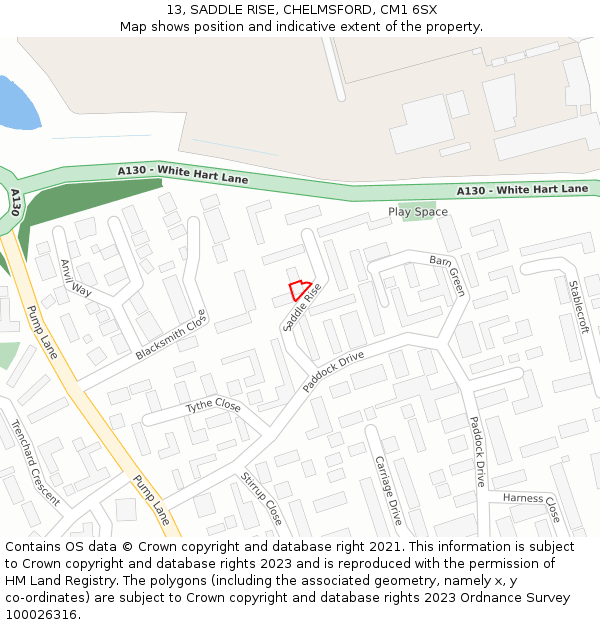 13, SADDLE RISE, CHELMSFORD, CM1 6SX: Location map and indicative extent of plot