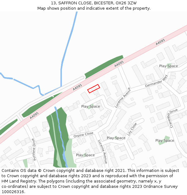 13, SAFFRON CLOSE, BICESTER, OX26 3ZW: Location map and indicative extent of plot