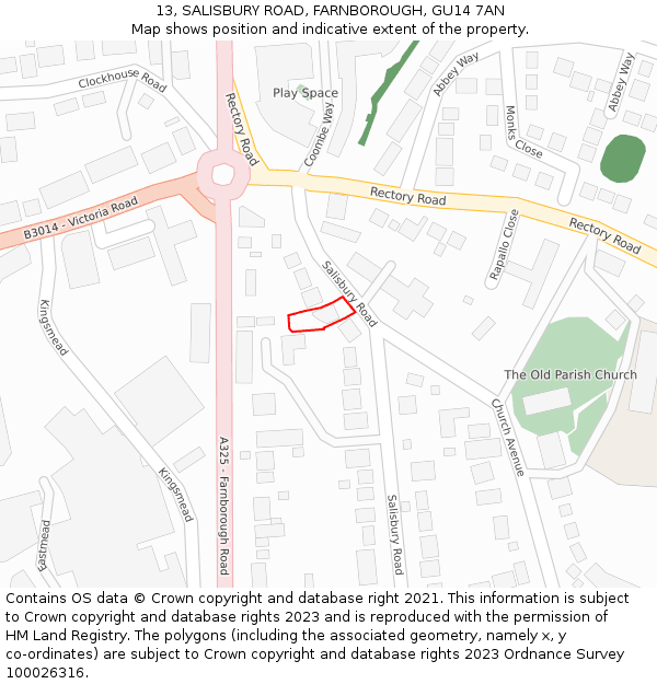 13, SALISBURY ROAD, FARNBOROUGH, GU14 7AN: Location map and indicative extent of plot