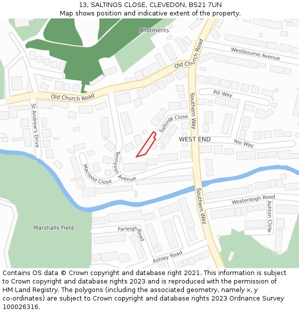 13, SALTINGS CLOSE, CLEVEDON, BS21 7UN: Location map and indicative extent of plot