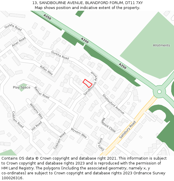 13, SANDBOURNE AVENUE, BLANDFORD FORUM, DT11 7XY: Location map and indicative extent of plot