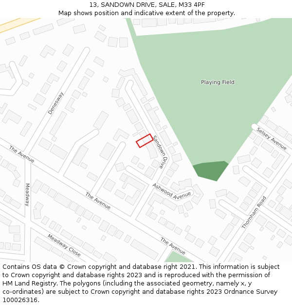 13, SANDOWN DRIVE, SALE, M33 4PF: Location map and indicative extent of plot