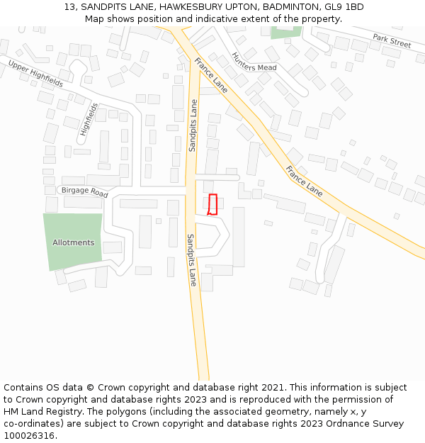 13, SANDPITS LANE, HAWKESBURY UPTON, BADMINTON, GL9 1BD: Location map and indicative extent of plot