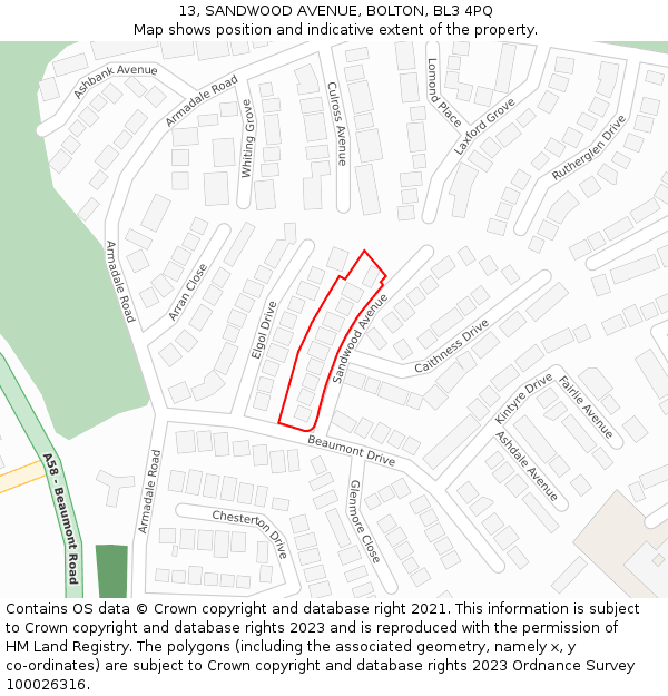 13, SANDWOOD AVENUE, BOLTON, BL3 4PQ: Location map and indicative extent of plot