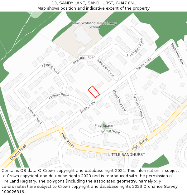 13, SANDY LANE, SANDHURST, GU47 8NL: Location map and indicative extent of plot