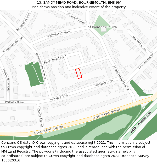 13, SANDY MEAD ROAD, BOURNEMOUTH, BH8 9JY: Location map and indicative extent of plot