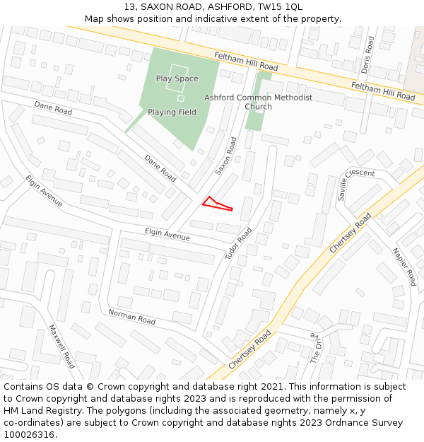 13, SAXON ROAD, ASHFORD, TW15 1QL: Location map and indicative extent of plot