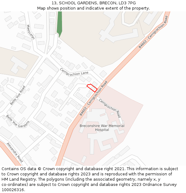 13, SCHOOL GARDENS, BRECON, LD3 7PG: Location map and indicative extent of plot