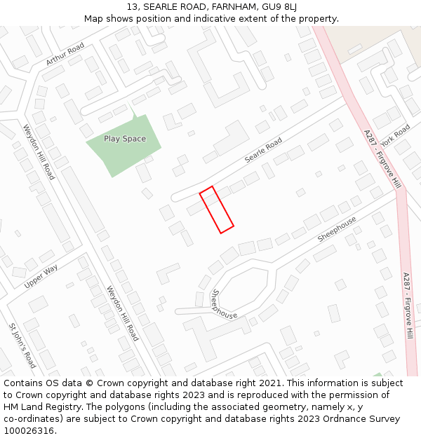 13, SEARLE ROAD, FARNHAM, GU9 8LJ: Location map and indicative extent of plot