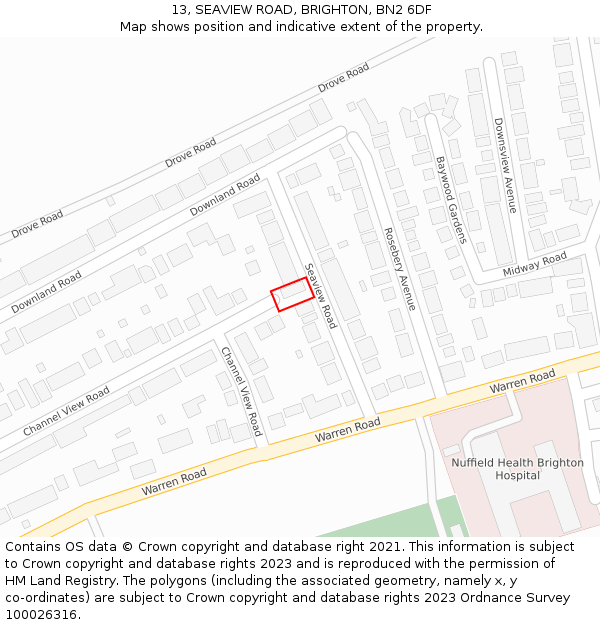 13, SEAVIEW ROAD, BRIGHTON, BN2 6DF: Location map and indicative extent of plot