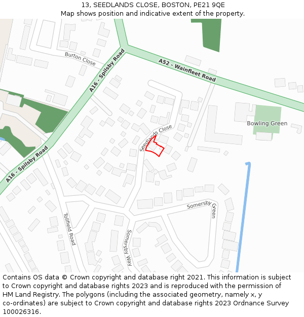 13, SEEDLANDS CLOSE, BOSTON, PE21 9QE: Location map and indicative extent of plot