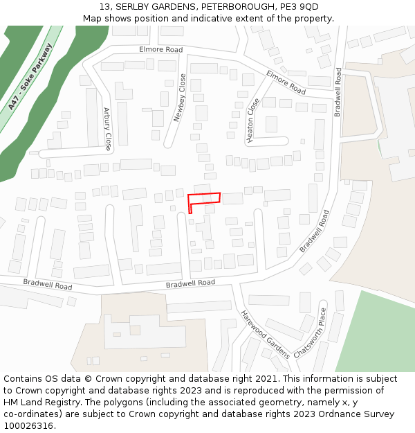 13, SERLBY GARDENS, PETERBOROUGH, PE3 9QD: Location map and indicative extent of plot