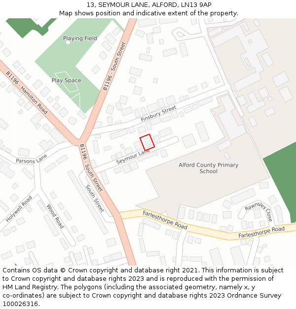 13, SEYMOUR LANE, ALFORD, LN13 9AP: Location map and indicative extent of plot