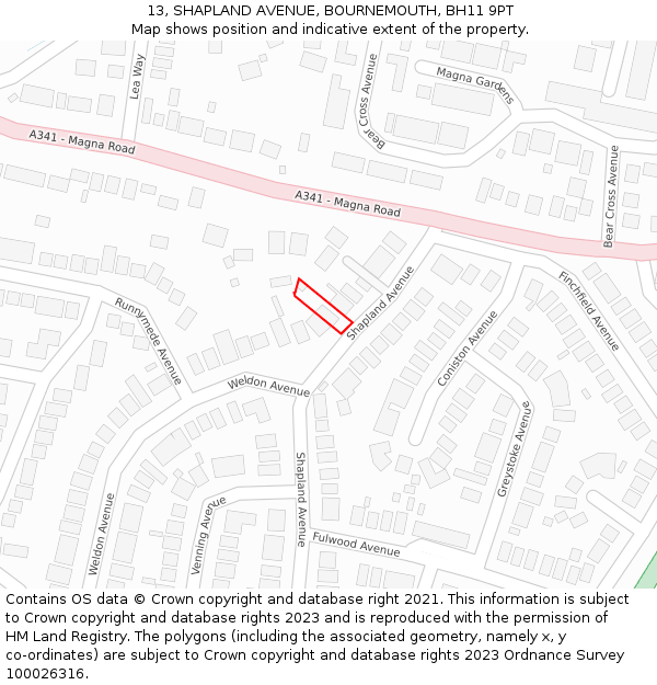 13, SHAPLAND AVENUE, BOURNEMOUTH, BH11 9PT: Location map and indicative extent of plot