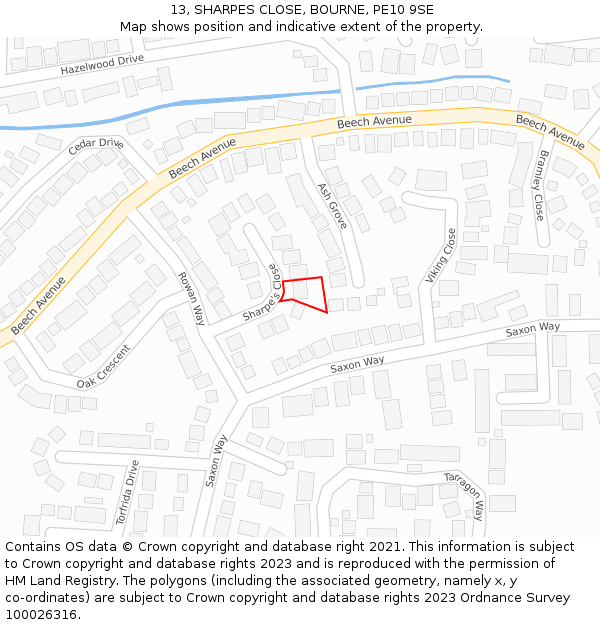 13, SHARPES CLOSE, BOURNE, PE10 9SE: Location map and indicative extent of plot