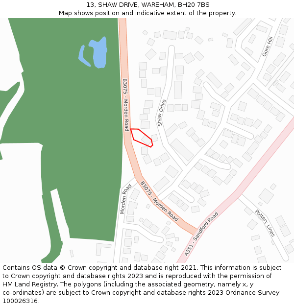 13, SHAW DRIVE, WAREHAM, BH20 7BS: Location map and indicative extent of plot