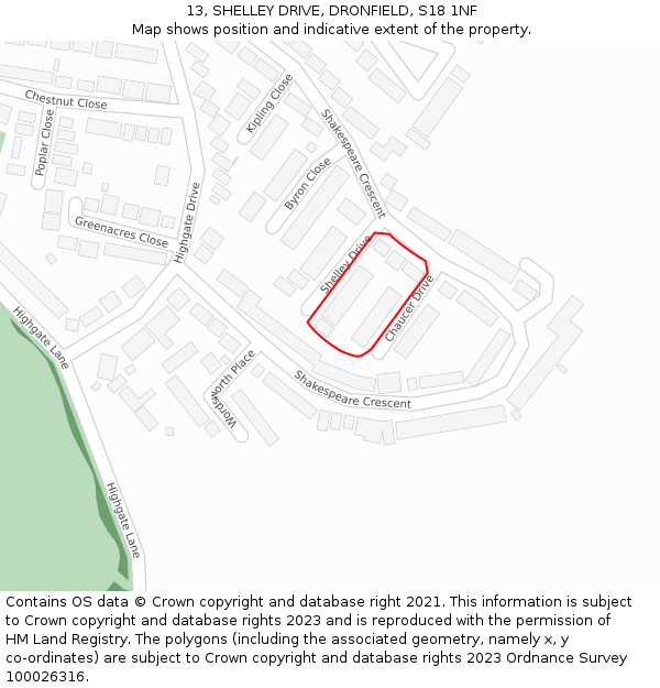 13, SHELLEY DRIVE, DRONFIELD, S18 1NF: Location map and indicative extent of plot