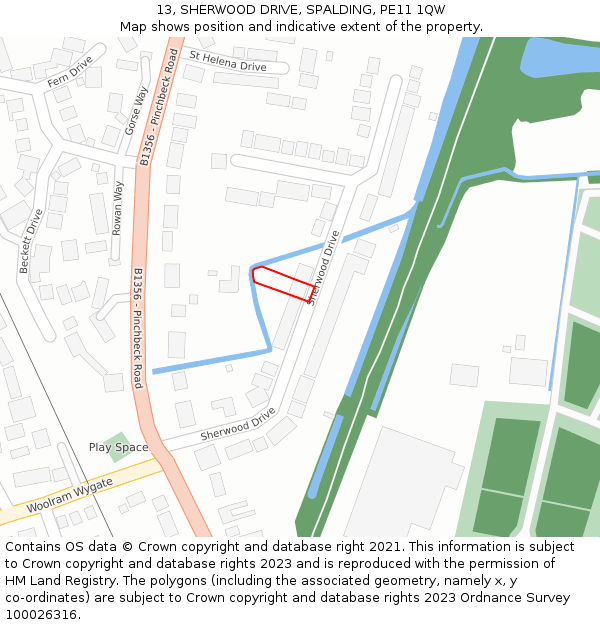 13, SHERWOOD DRIVE, SPALDING, PE11 1QW: Location map and indicative extent of plot