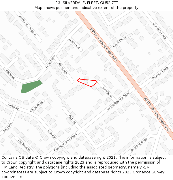 13, SILVERDALE, FLEET, GU52 7TT: Location map and indicative extent of plot