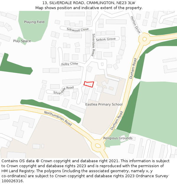 13, SILVERDALE ROAD, CRAMLINGTON, NE23 3LW: Location map and indicative extent of plot