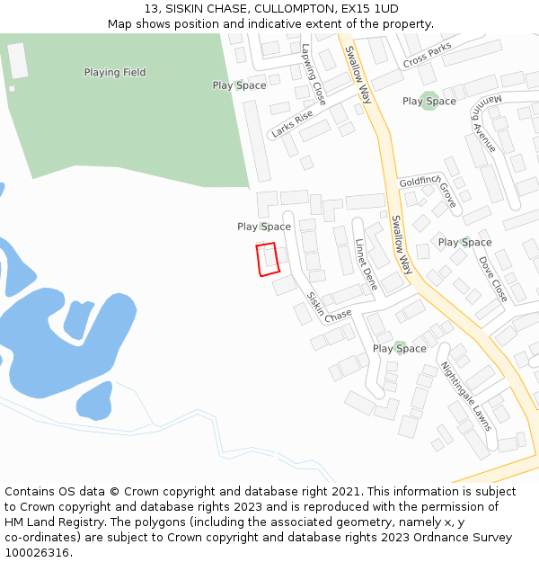 13, SISKIN CHASE, CULLOMPTON, EX15 1UD: Location map and indicative extent of plot