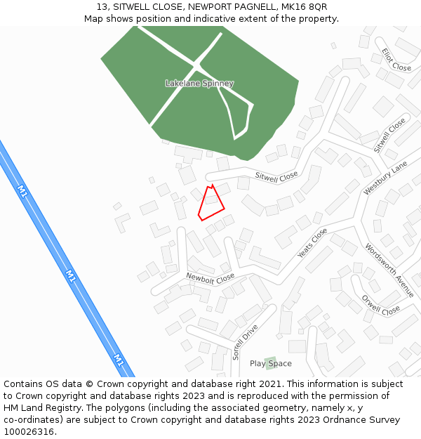 13, SITWELL CLOSE, NEWPORT PAGNELL, MK16 8QR: Location map and indicative extent of plot