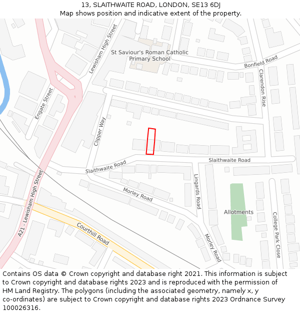 13, SLAITHWAITE ROAD, LONDON, SE13 6DJ: Location map and indicative extent of plot