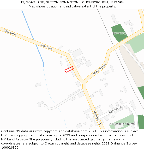 13, SOAR LANE, SUTTON BONINGTON, LOUGHBOROUGH, LE12 5PH: Location map and indicative extent of plot