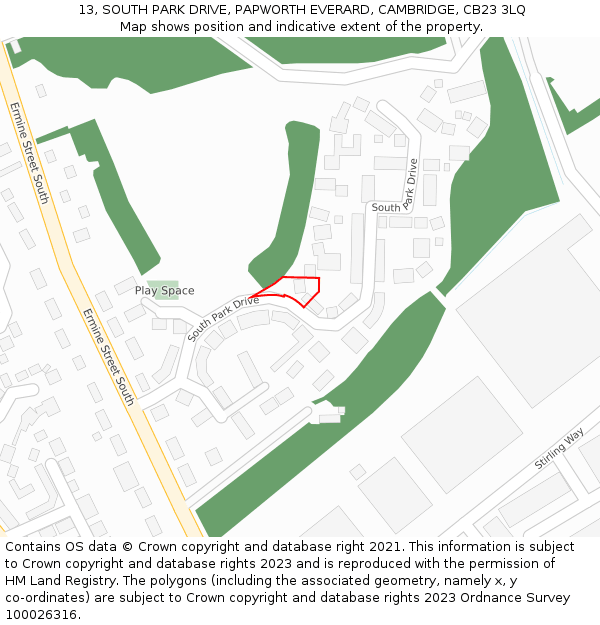 13, SOUTH PARK DRIVE, PAPWORTH EVERARD, CAMBRIDGE, CB23 3LQ: Location map and indicative extent of plot