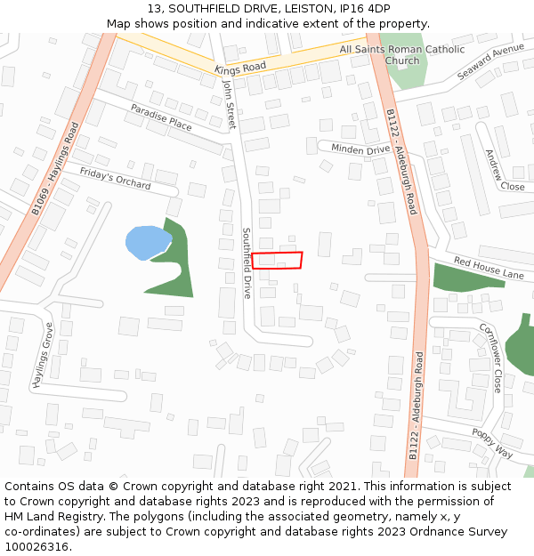 13, SOUTHFIELD DRIVE, LEISTON, IP16 4DP: Location map and indicative extent of plot