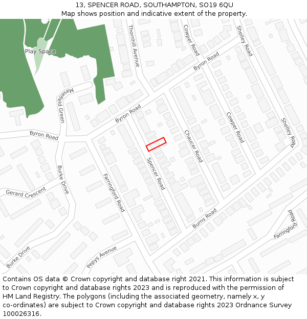 13, SPENCER ROAD, SOUTHAMPTON, SO19 6QU: Location map and indicative extent of plot