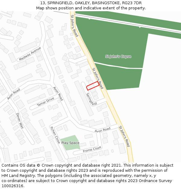 13, SPRINGFIELD, OAKLEY, BASINGSTOKE, RG23 7DR: Location map and indicative extent of plot