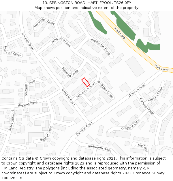 13, SPRINGSTON ROAD, HARTLEPOOL, TS26 0EY: Location map and indicative extent of plot