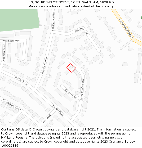 13, SPURDENS CRESCENT, NORTH WALSHAM, NR28 9JD: Location map and indicative extent of plot