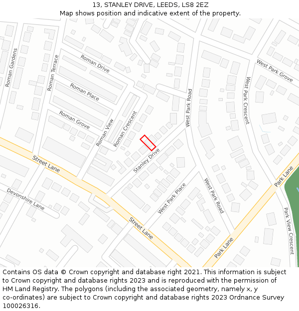 13, STANLEY DRIVE, LEEDS, LS8 2EZ: Location map and indicative extent of plot