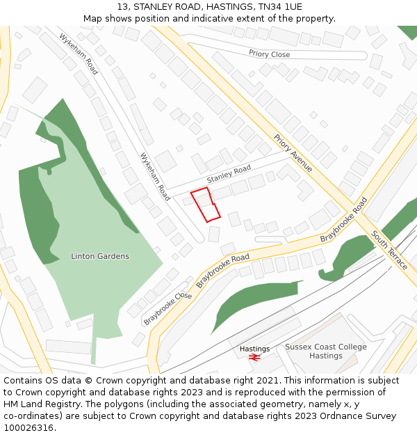 13, STANLEY ROAD, HASTINGS, TN34 1UE: Location map and indicative extent of plot