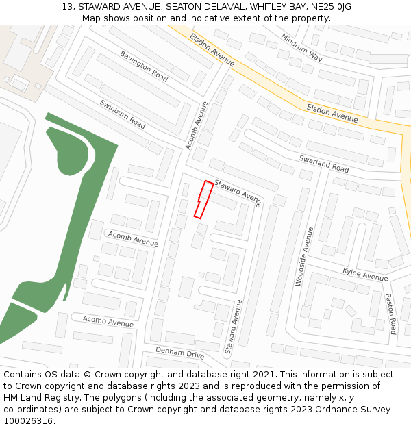 13, STAWARD AVENUE, SEATON DELAVAL, WHITLEY BAY, NE25 0JG: Location map and indicative extent of plot