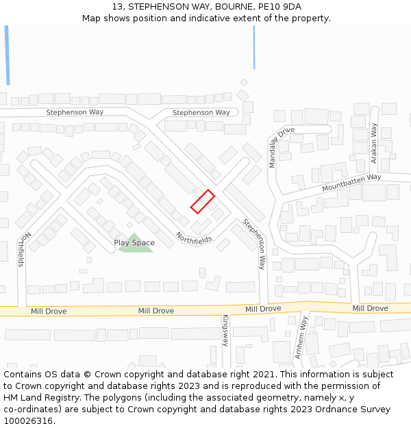 13, STEPHENSON WAY, BOURNE, PE10 9DA: Location map and indicative extent of plot