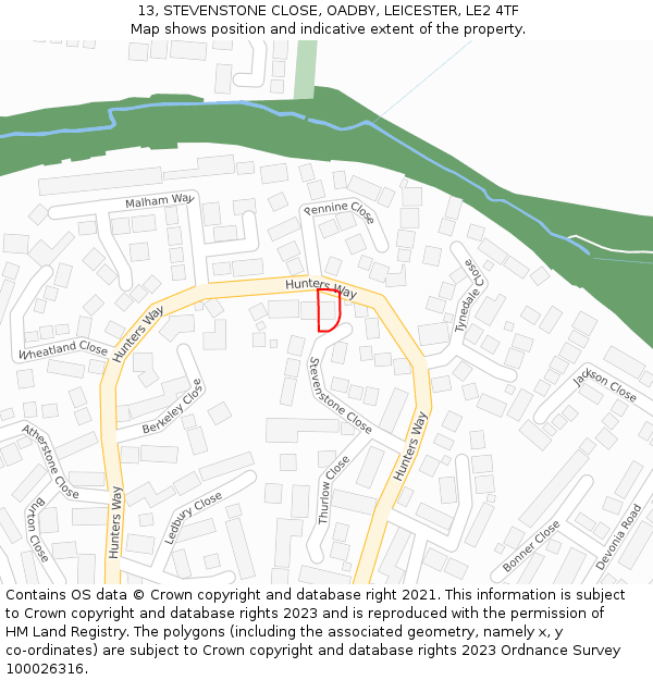 13, STEVENSTONE CLOSE, OADBY, LEICESTER, LE2 4TF: Location map and indicative extent of plot