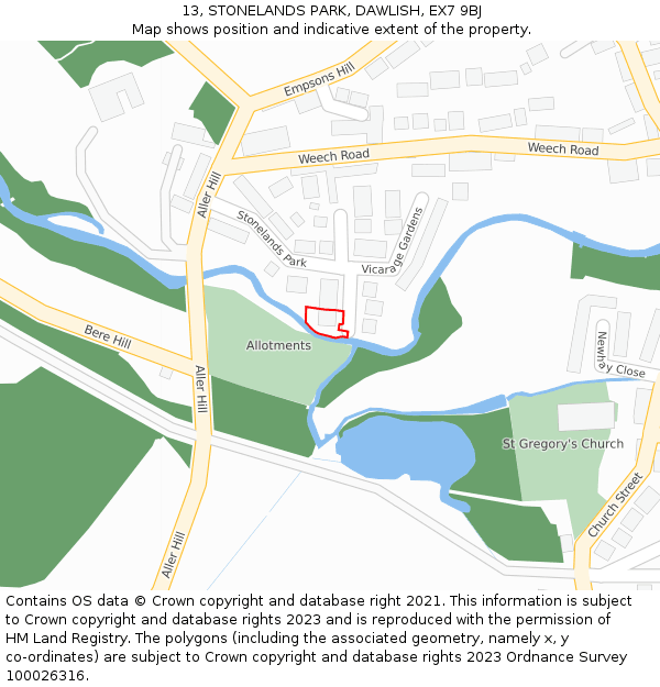 13, STONELANDS PARK, DAWLISH, EX7 9BJ: Location map and indicative extent of plot