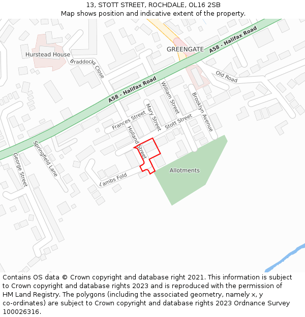 13, STOTT STREET, ROCHDALE, OL16 2SB: Location map and indicative extent of plot