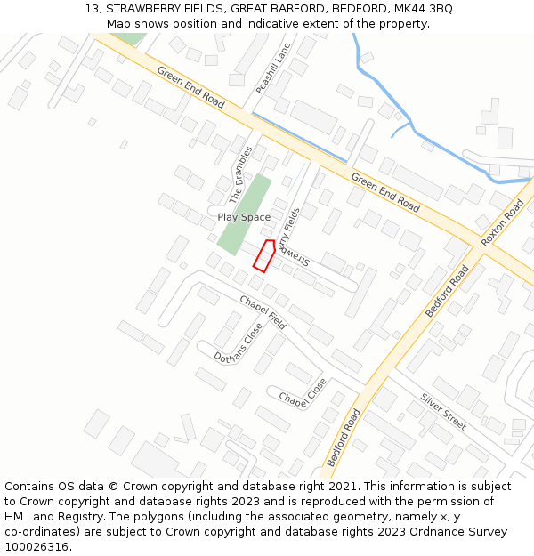 13, STRAWBERRY FIELDS, GREAT BARFORD, BEDFORD, MK44 3BQ: Location map and indicative extent of plot